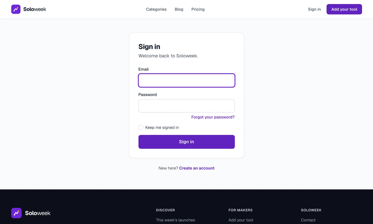 The sign-in page: email and password boxes, a Keep me signed in tick box, a Sign in button and a link to create an account