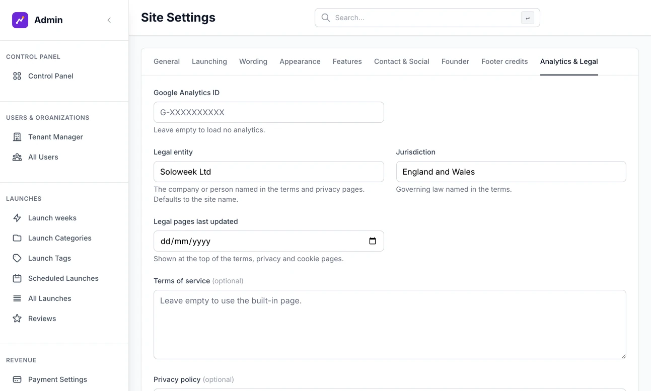 Site Settings on the Analytics and Legal tab: the Google Analytics ID box, the legal entity, jurisdiction and last-updated date, then boxes for your own terms, privacy and cookie wording