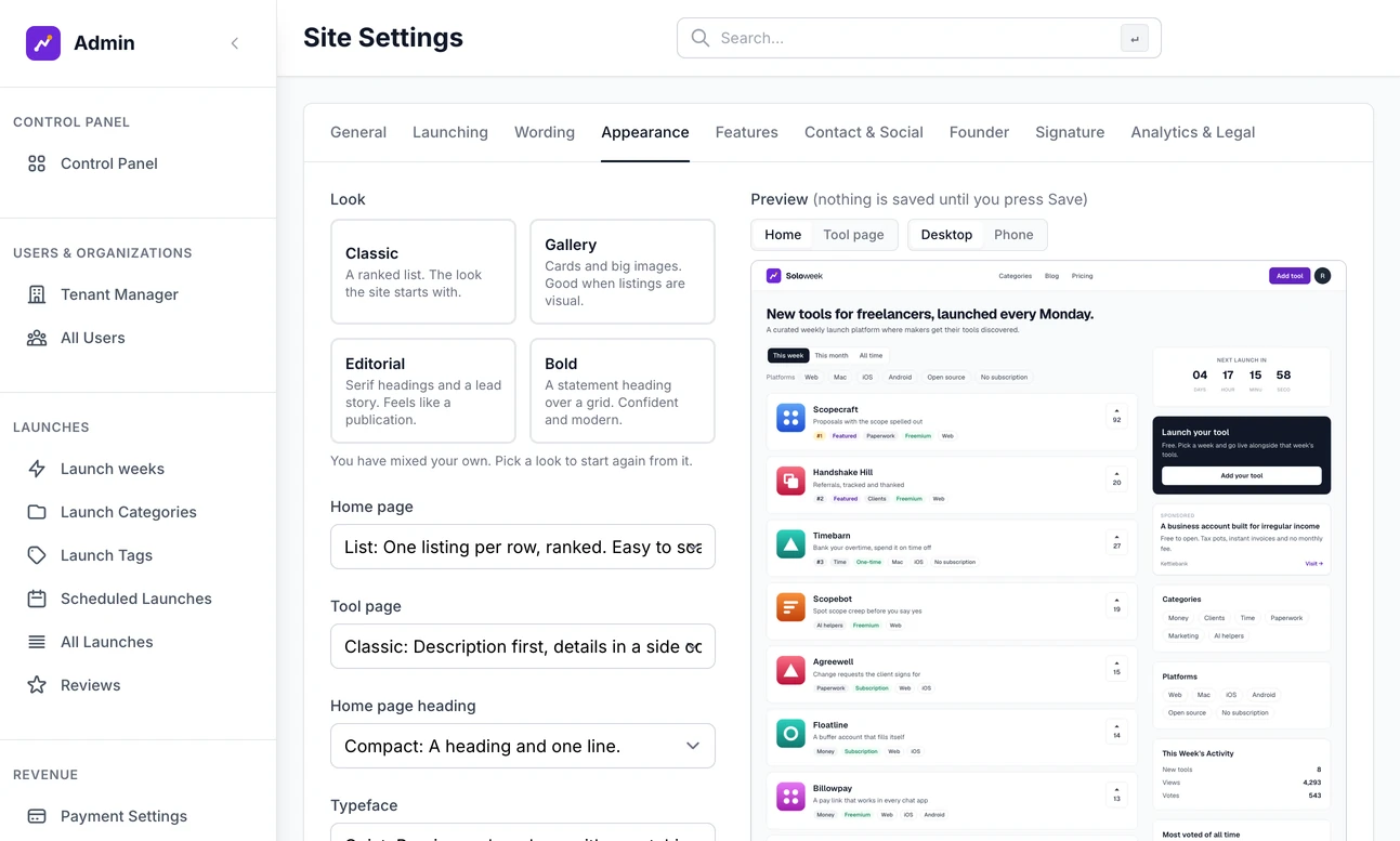 Site Settings on the Appearance tab: the four looks, Classic, Gallery, Editorial and Bold, with choices for the home page, tool page, heading, typeface and corner shape, beside a live preview of the home page that can be switched to a phone