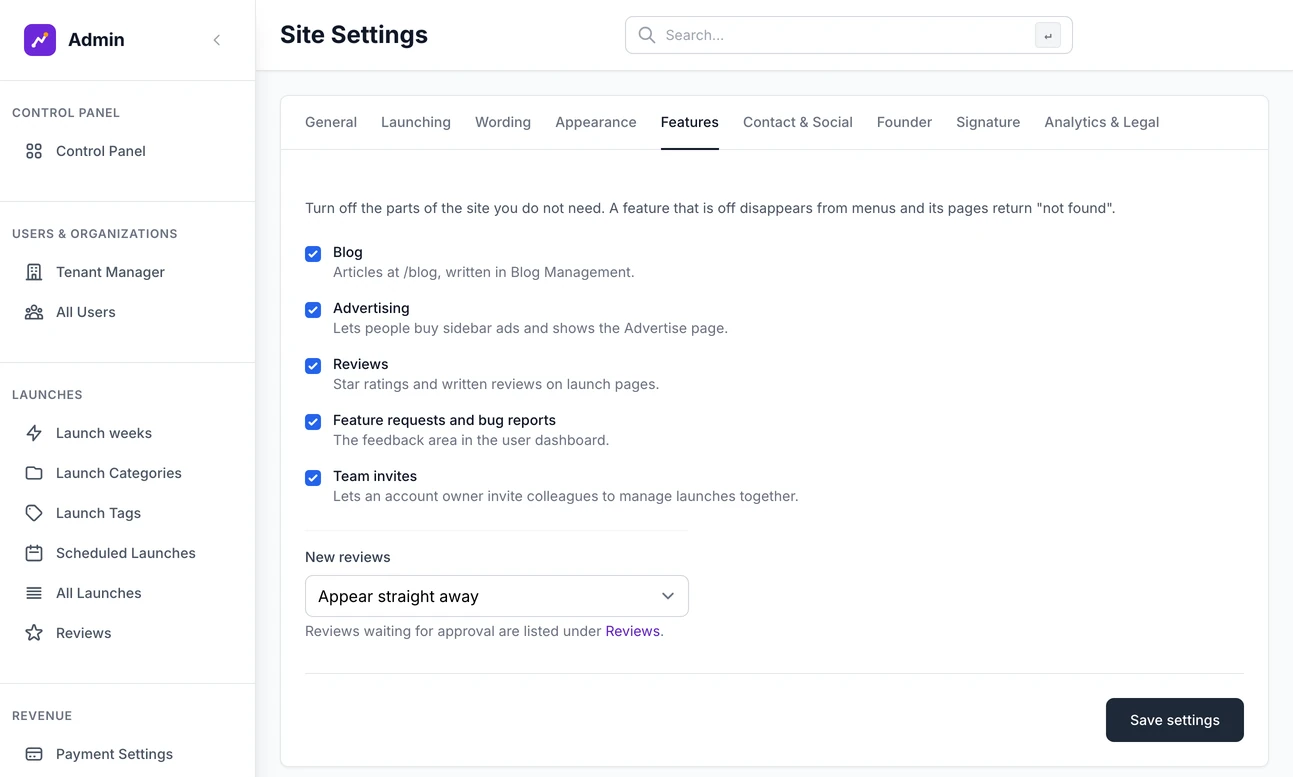 Site Settings on the Features tab: switches for the blog, advertising, reviews, feedback and team invitations