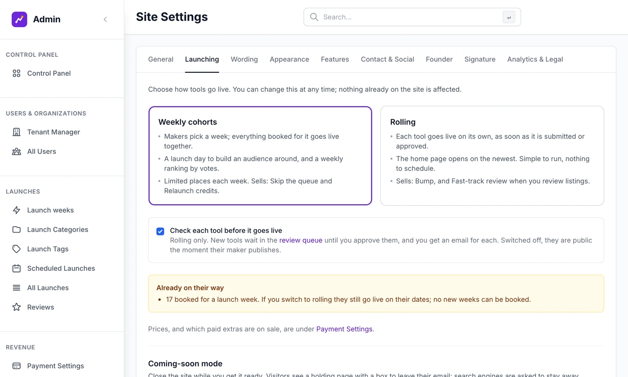 Site Settings on the Launching tab: the choice between weekly cohorts and rolling launches, a tick box to check each tool before it goes live, and below it coming-soon mode