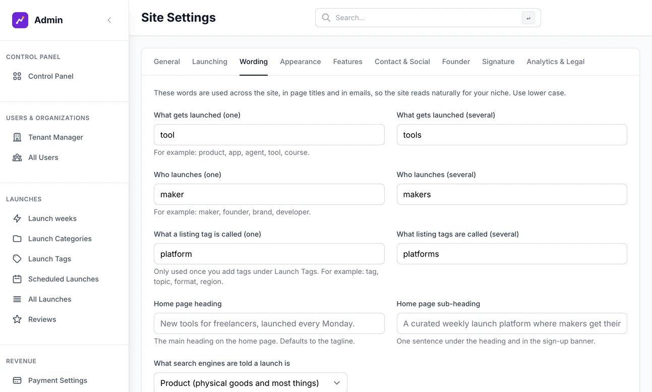 Site Settings on the Wording tab: the words the site uses for a listing and for the person who made it, here tool and maker, and the home page heading