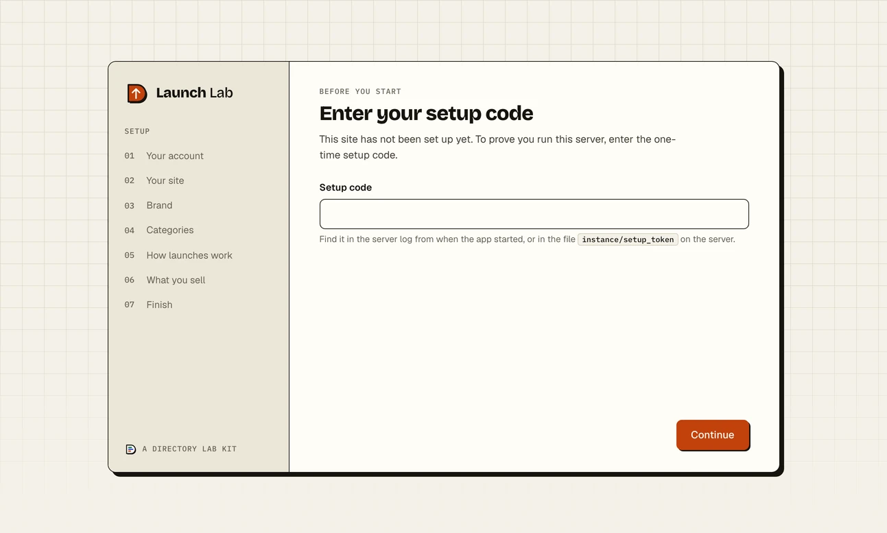 The setup code page of a new Launch Lab site: the heading Enter your setup code, one box labelled Setup code with a note that it is in the server log or the file instance/setup_token, and a Continue button