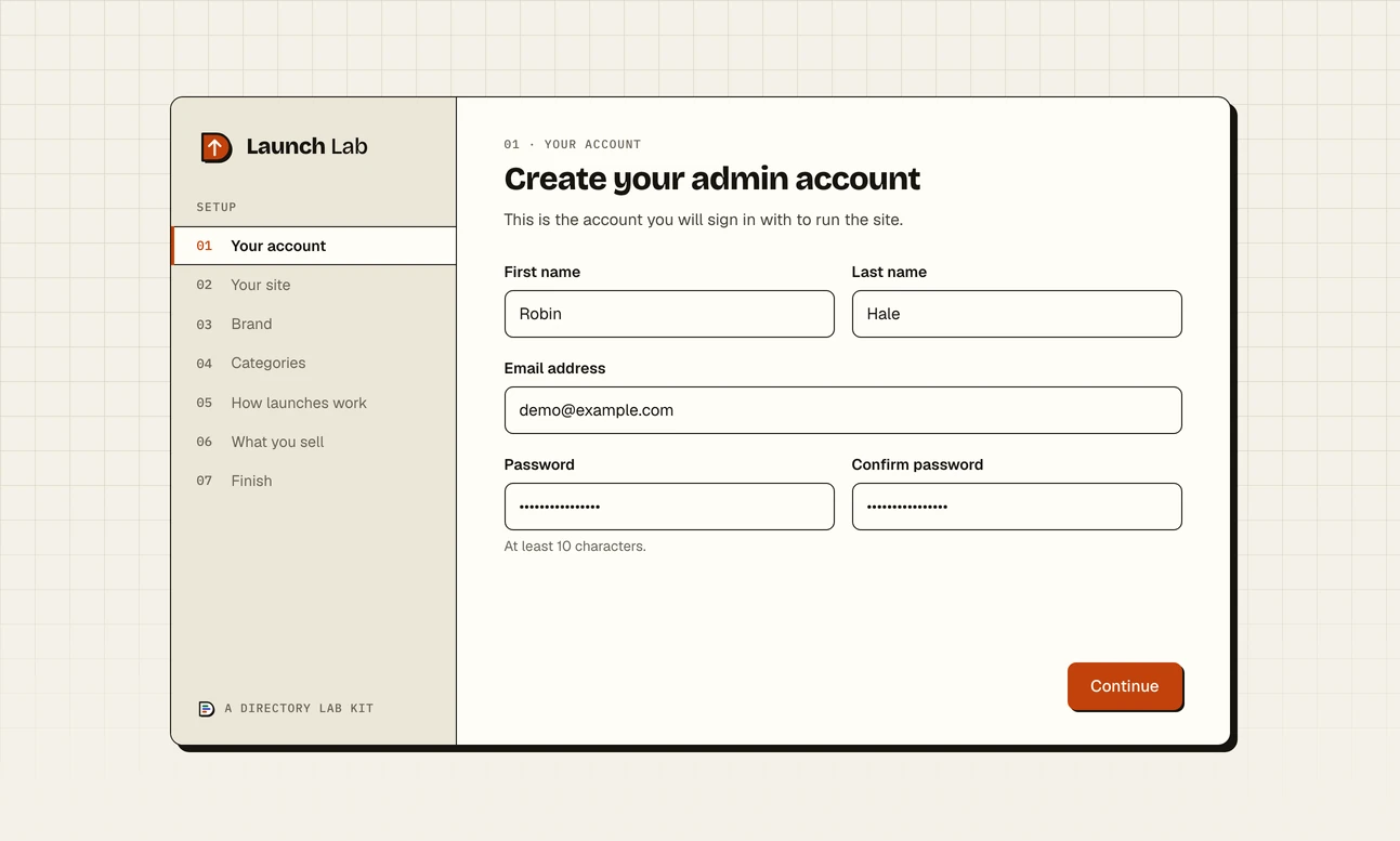Step one of the Launch Lab setup wizard, Your account: the seven steps listed down the left beside the Launch Lab mark, and on the right boxes for a first name, last name, email address and a password typed twice