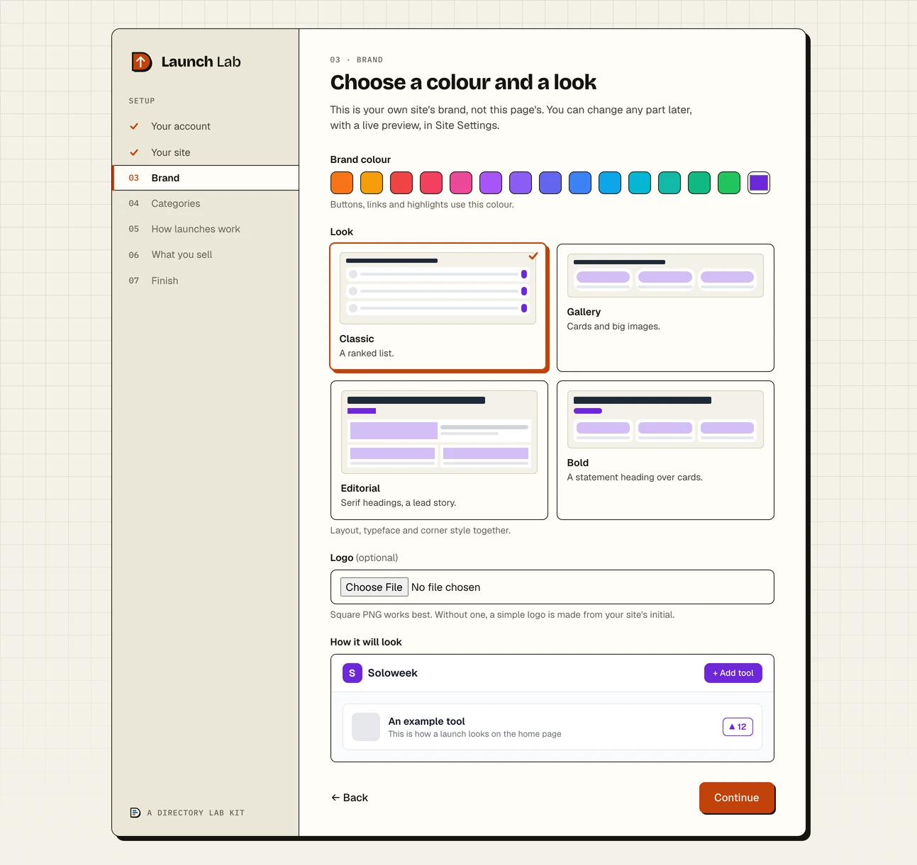 Step three of the setup wizard, Brand: a row of colour swatches with a violet chosen, four looks to pick from called Classic, Gallery, Editorial and Bold, a box to upload a logo, and a small preview of the site in the chosen colour