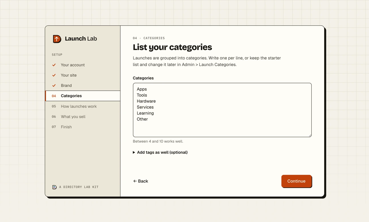 Step four of the setup wizard, Categories: a box with one starter category on each line, a note that between 4 and 10 works well, and a closed line reading Add tags as well