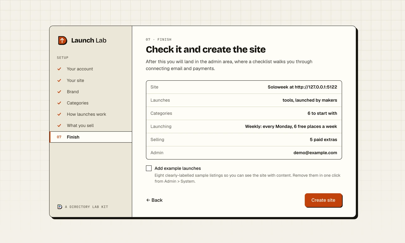 The last step of the setup wizard, Finish: a summary of the site, what is launched, the categories, weekly launching, the paid extras and the admin email, a tick box for adding example launches, and a Create site button