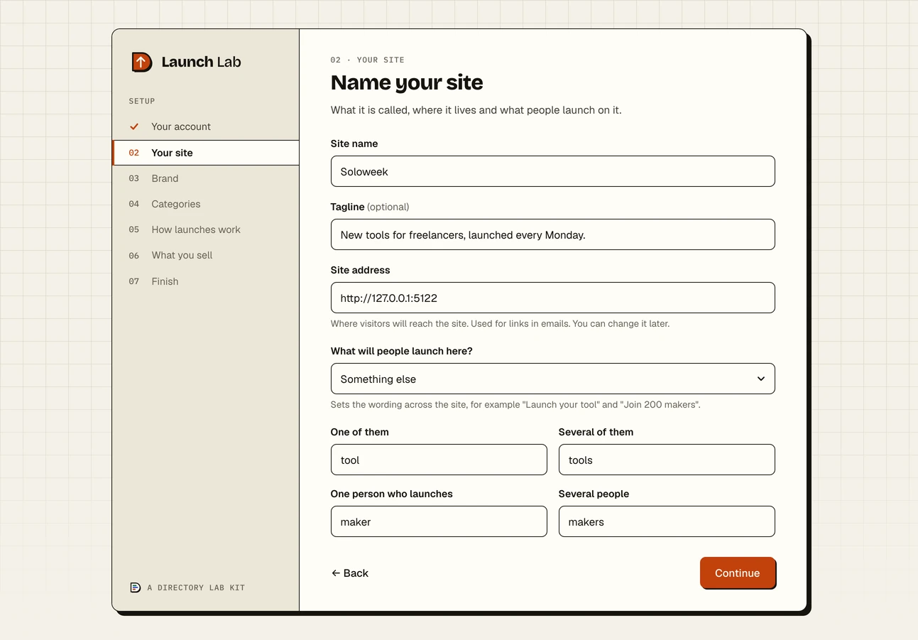 Step two of the Launch Lab setup wizard, Your site: the site name Soloweek, its tagline, the web address, and the words the site uses for a listing and for the person who made it, set to tool and maker