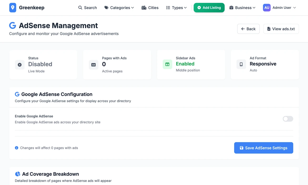 The AdSense page in the admin, with the publisher ID, the ad slot and where on the page the ad appears