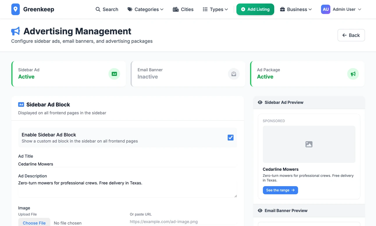 The Advertising Management page: status cards for the sidebar ad, the email banner and the ad package, the sidebar ad form filled in for an invented mower dealer, and its preview