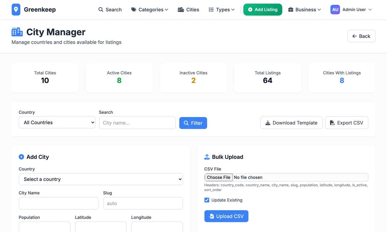 The City Manager: totals, the Add City and bulk upload forms, and a table of cities with their address, number of listings and whether each is active