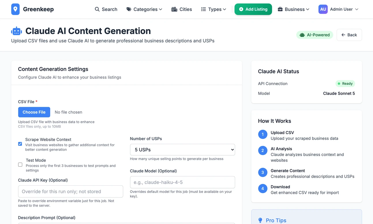 The Claude AI page in the admin, where a file of businesses is uploaded to have its descriptions rewritten and selling points written
