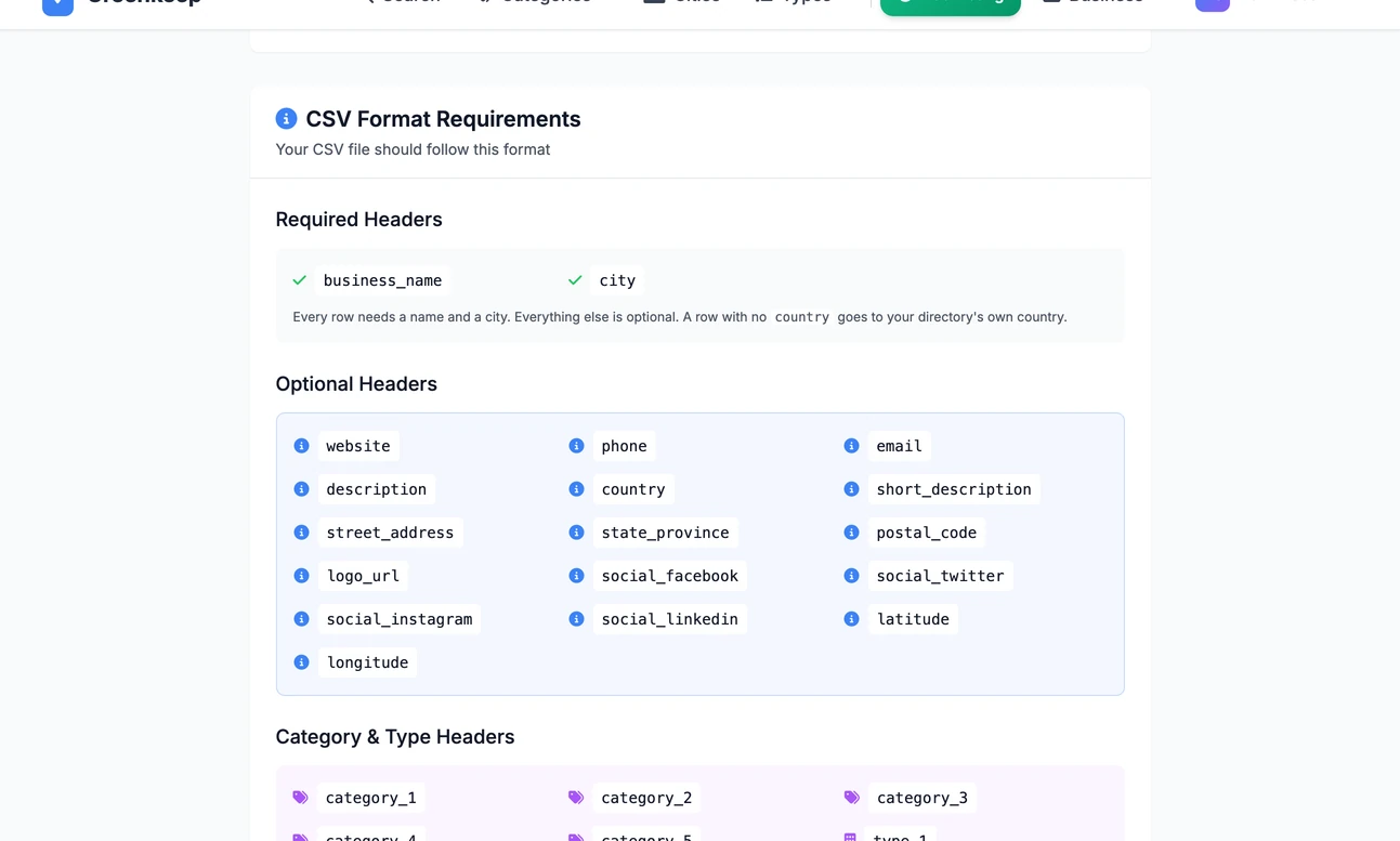 The CSV Format Requirements panel listing the two required headers, business_name and city, then the optional, category, type, pricing and selling point headers