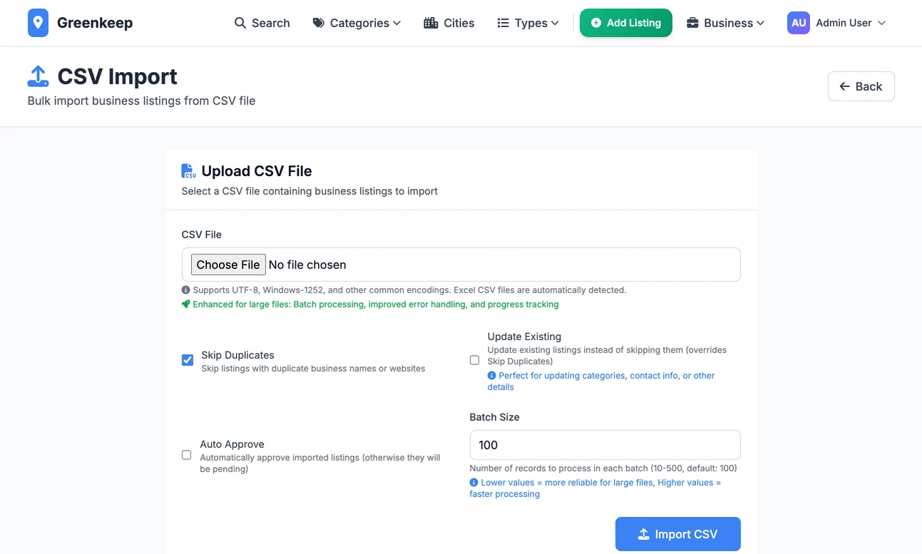 The CSV Import page: a file chooser, tick boxes for Skip Duplicates, Update Existing and Auto Approve, a Batch Size of 100 and an Import CSV button