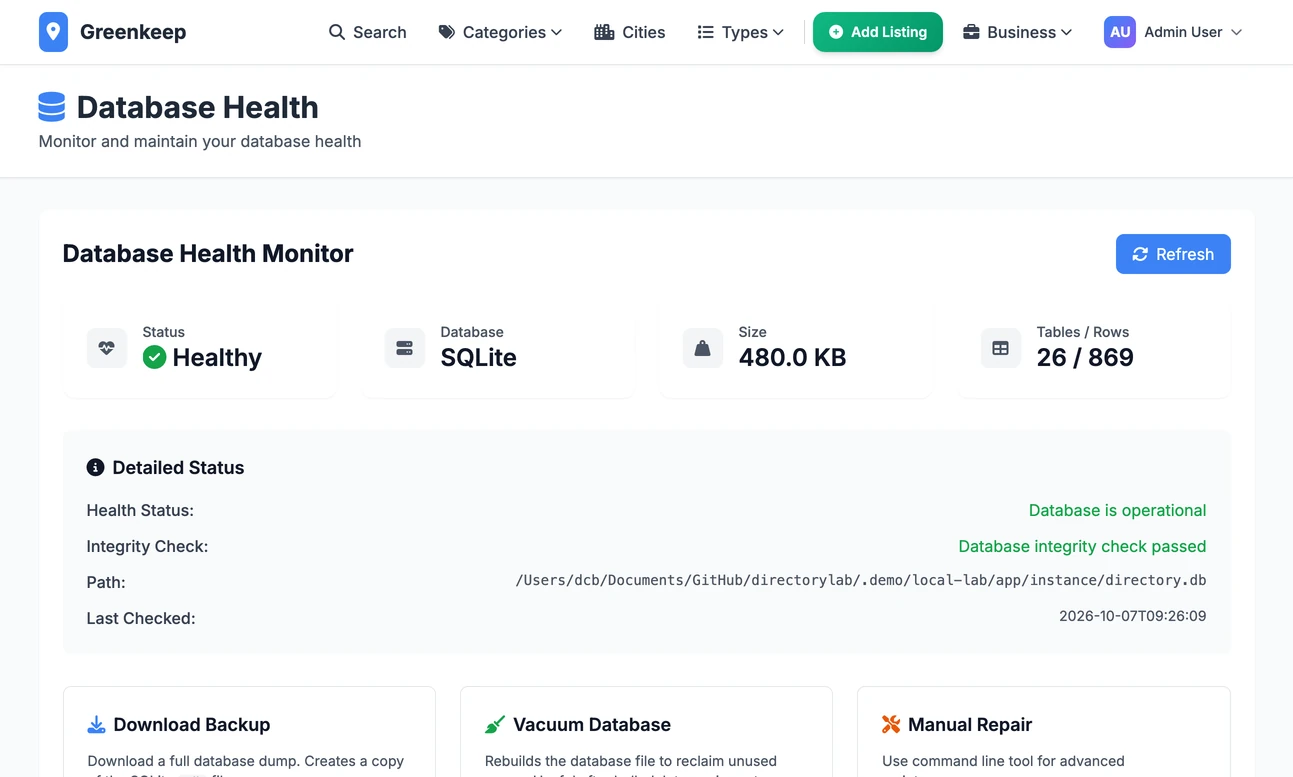 The Database Health page: cards for status, database type, size and tables, then detailed status, backup downloads and a vacuum button