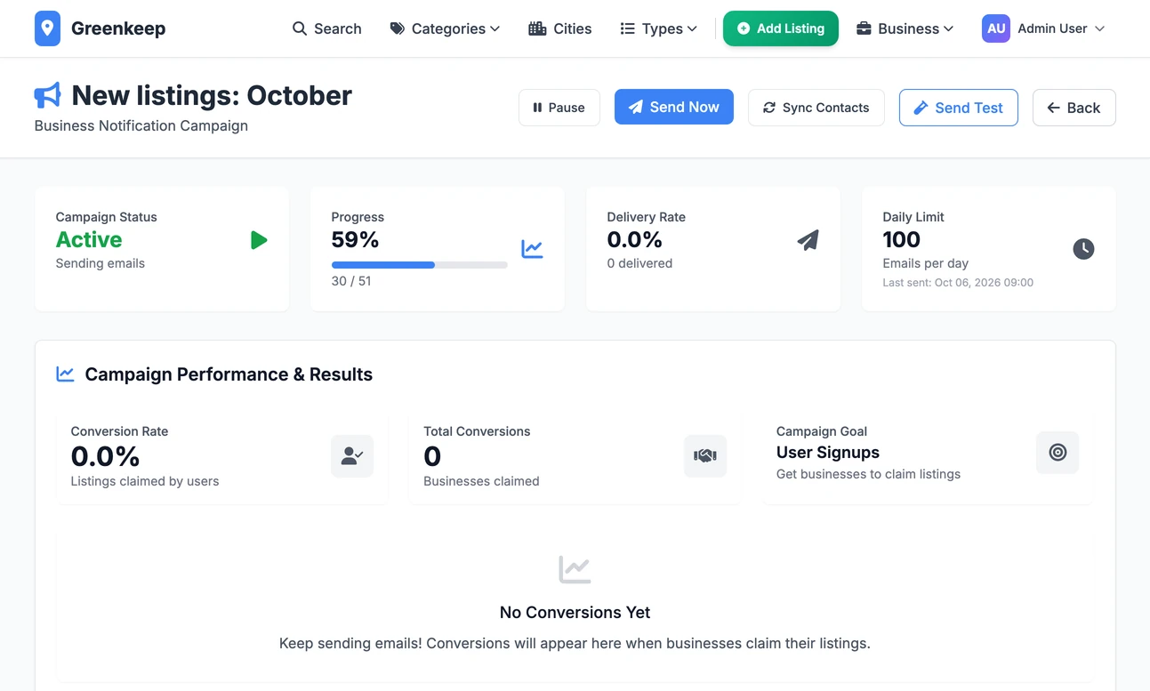 One email campaign part-way through: Start, Pause and Send Now buttons, its status, how many were sent and failed, and how many are still waiting