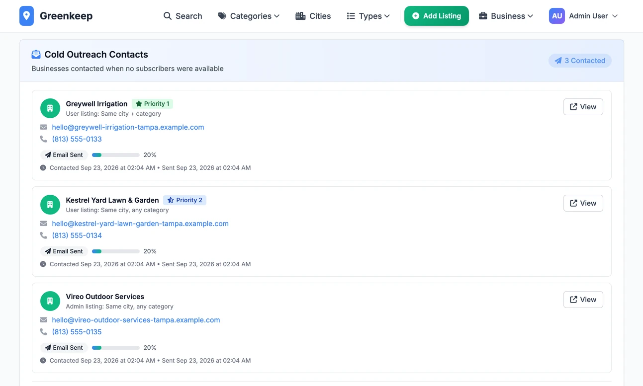 A quote request page in the admin, scrolled to Cold Outreach Contacts: three businesses in the same city that were emailed about the request, each marked Email Sent with the reason it was chosen