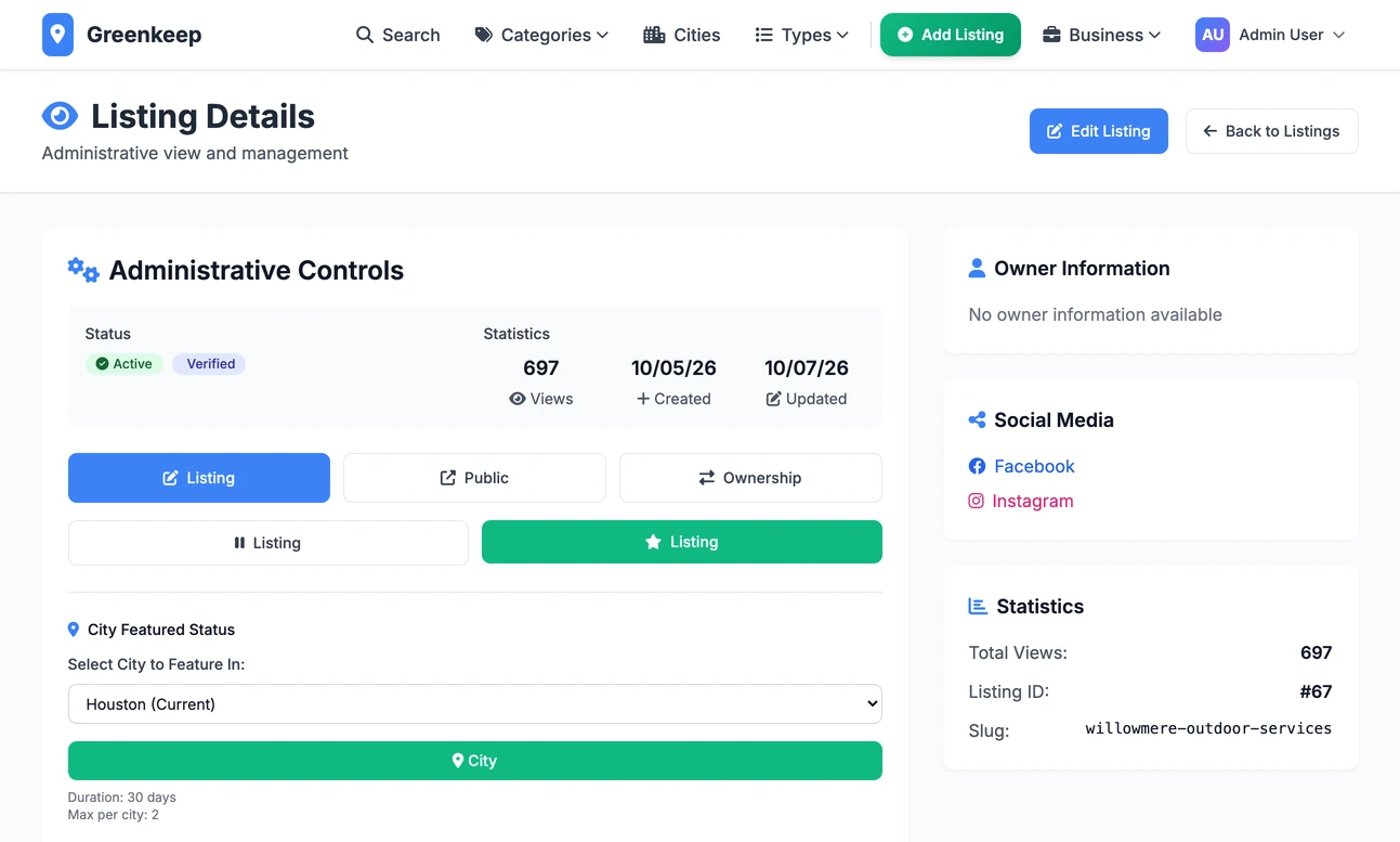 The Listing Details page in the admin: under Administrative Controls, a green button with a star that features the listing, and below it City Featured Status with a city to choose and a duration of 30 days, 2 per city