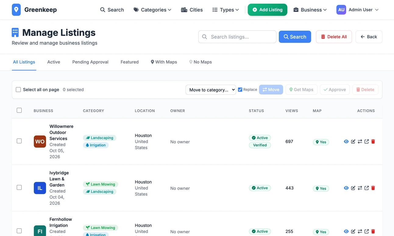 The admin listings page with a search box, status filters and a table of businesses