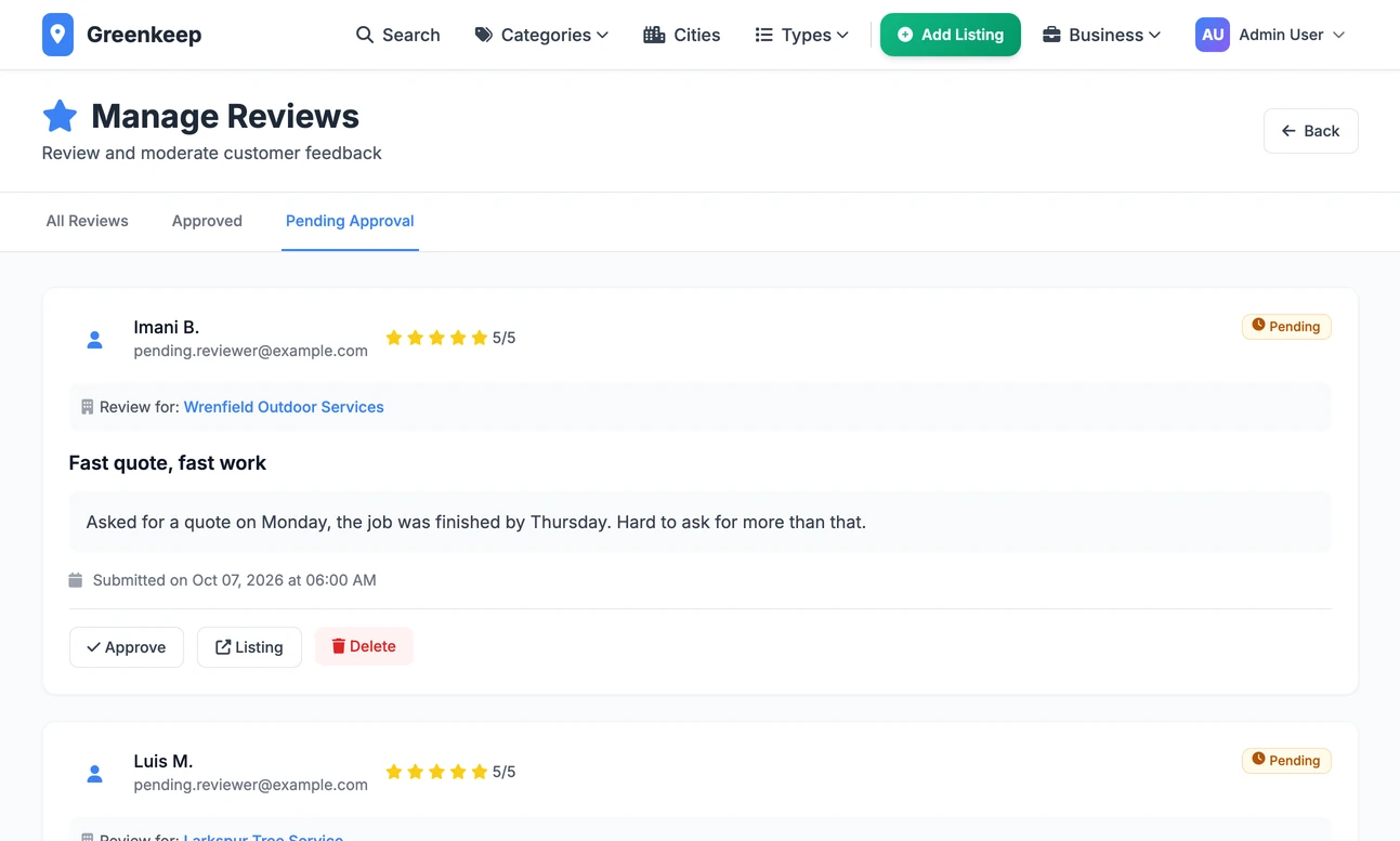 Manage Reviews on the Pending Approval tab: review cards with star ratings, the business each is about, and Approve, View Listing and Delete buttons