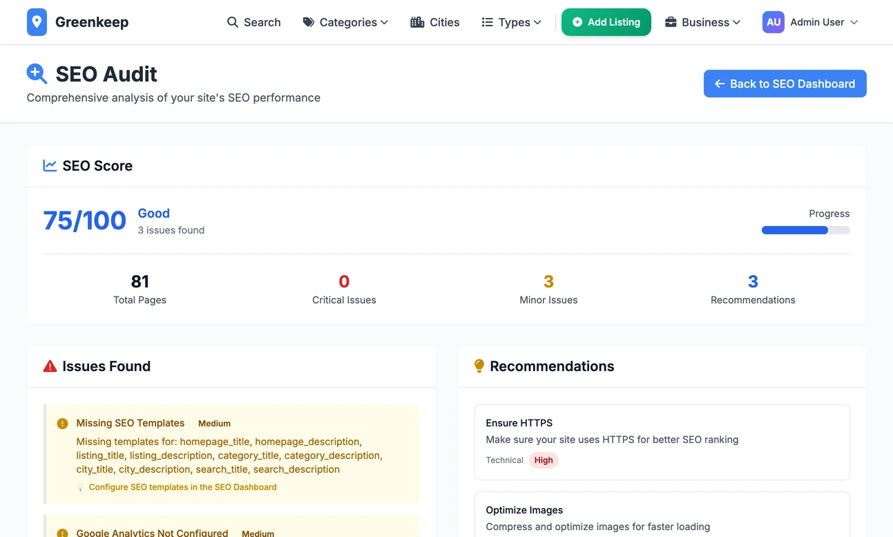 The SEO Audit page: a score out of 100, four counters and a list of issues found