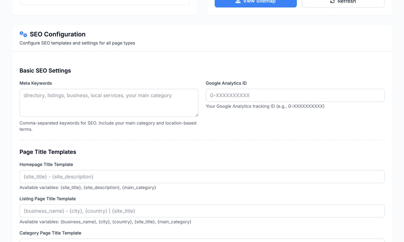 The SEO configuration form: basic settings, then a box for the page title template of each kind of page, with the built-in wording shown in grey