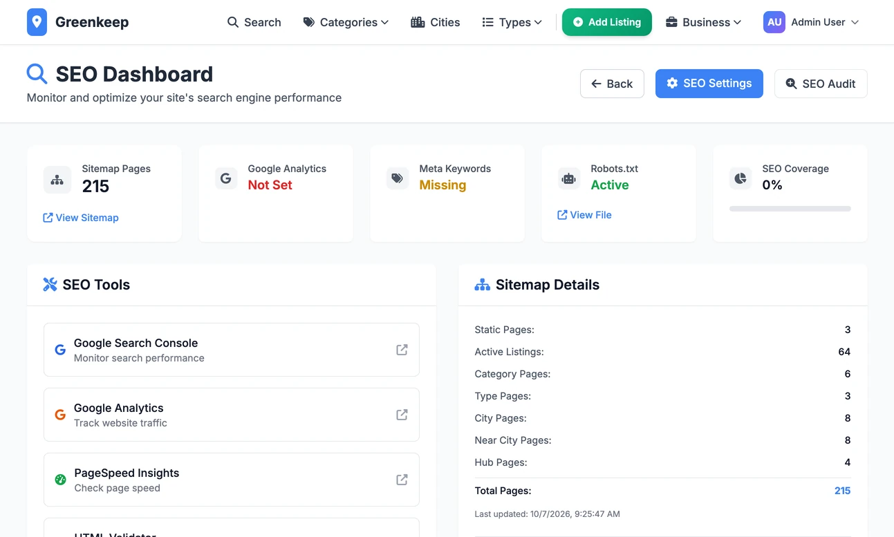 The SEO Dashboard: cards for sitemap pages, Google Analytics, meta keywords, robots.txt and coverage, then the SEO tools