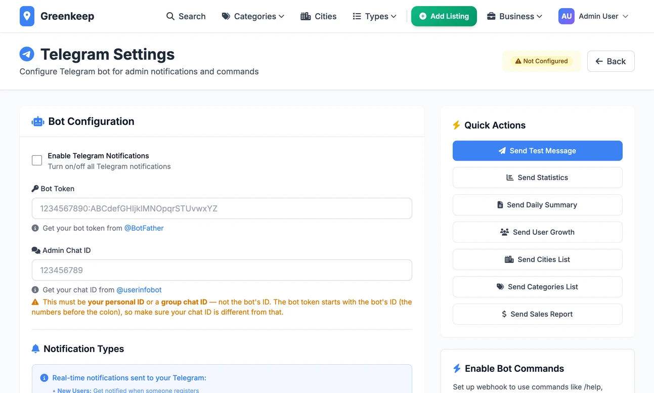 The Telegram Settings page: the bot token and admin chat ID fields, the kinds of notification to send, and the test and webhook buttons