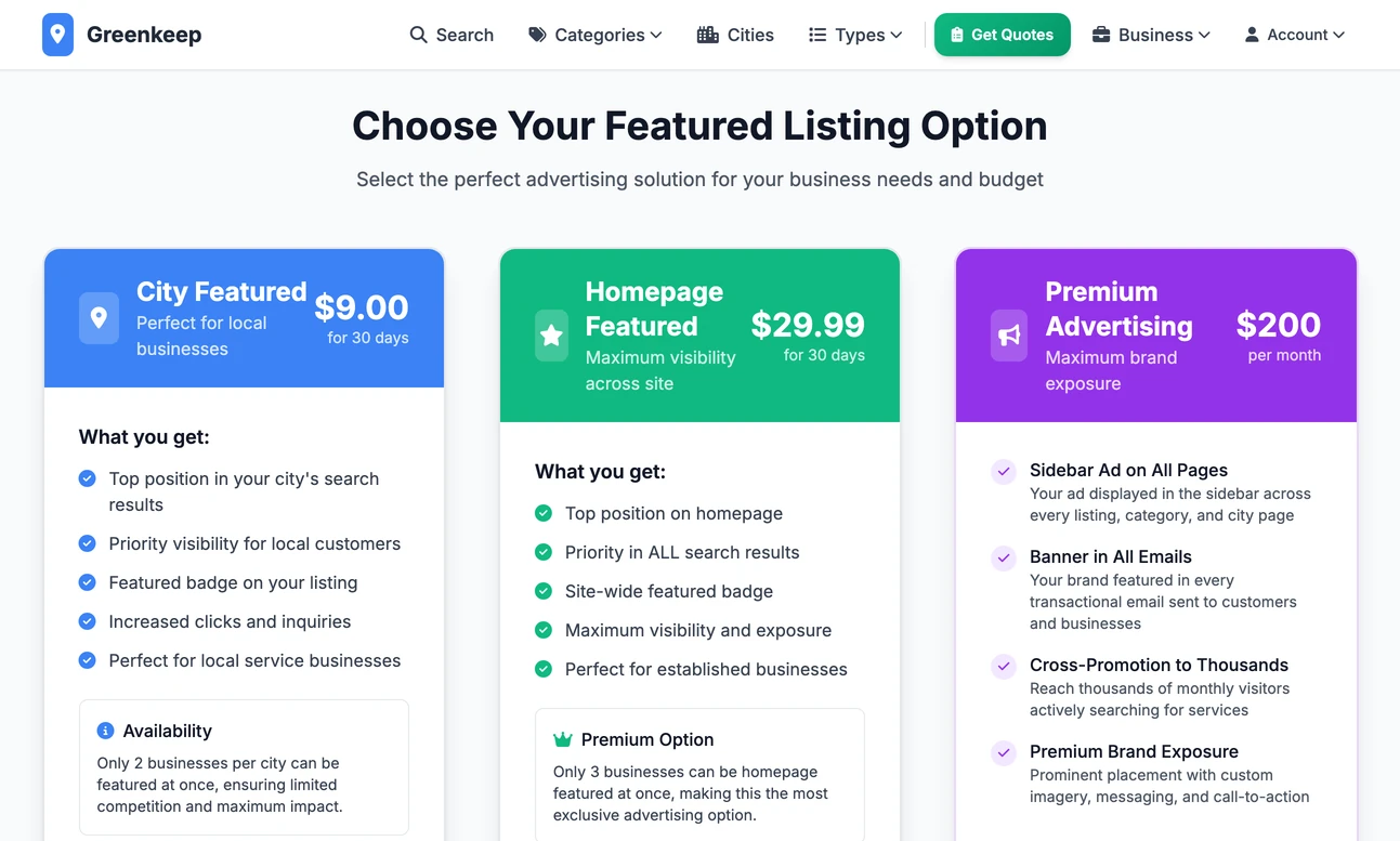 The public Advertise page, showing the featured listing options with their prices and the premium advertising package