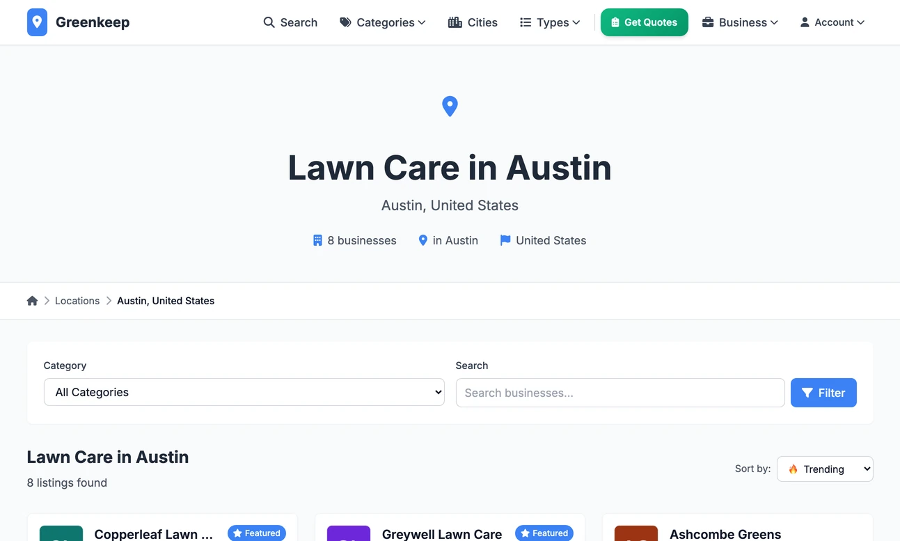 The Austin city page of the Greenkeep directory, listing lawn care businesses in Austin with their ratings and categories