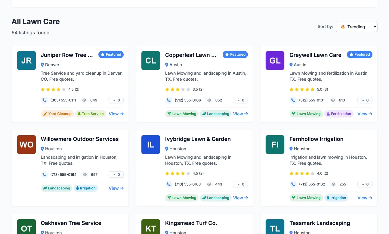 The listings grid on the home page: three businesses with a blue Featured badge in the first row, then other lawn care businesses, each with a logo, city, star rating, phone number and category tags
