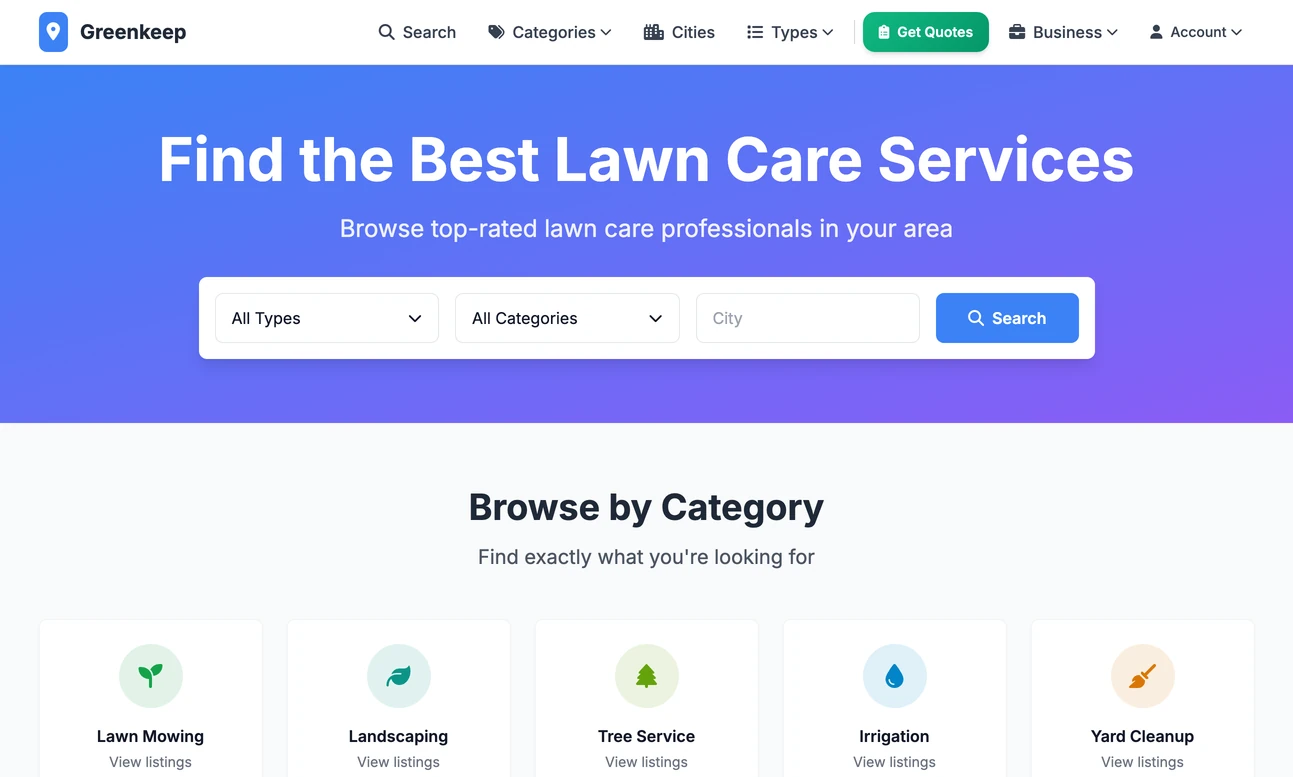 The home page of a Local Lab directory called Greenkeep: a search bar over a blue banner reading Find the Best Lawn Care Services, with category tiles for lawn mowing, landscaping, tree service, irrigation, yard cleanup and fertilization below