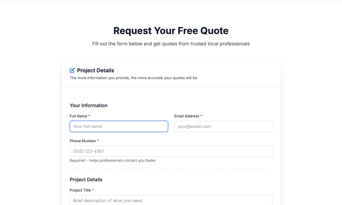 The public quote request form: name, email, phone, a title and description of the job, category, budget, timeline and city