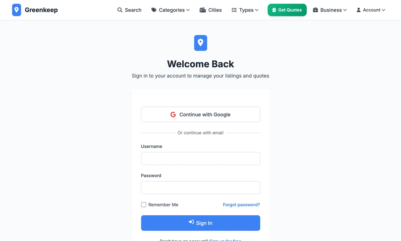 The sign-in page: a Continue with Google button above username and password fields and a Sign In button