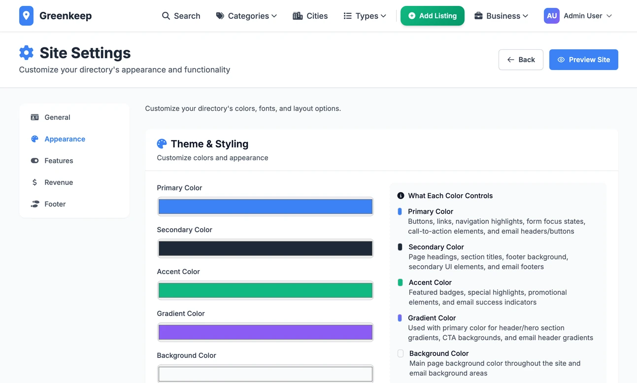 Site Settings on the Appearance tab: six colour pickers under Theme and Styling, beside a panel explaining what each colour controls