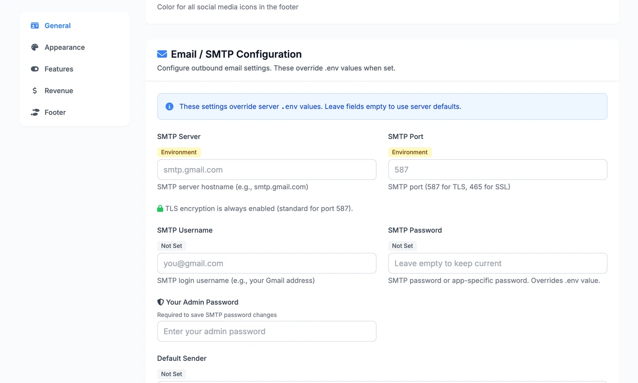 The email settings on the General tab of Site Settings: SMTP server, port, username, password and default sender, with a Send Test Email button