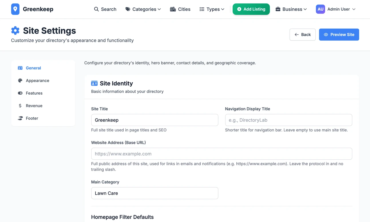 Site Settings on the General tab, with tabs for General, Appearance, Features, Revenue and Footer down the left and the site title, navigation title, website address and main category on the right