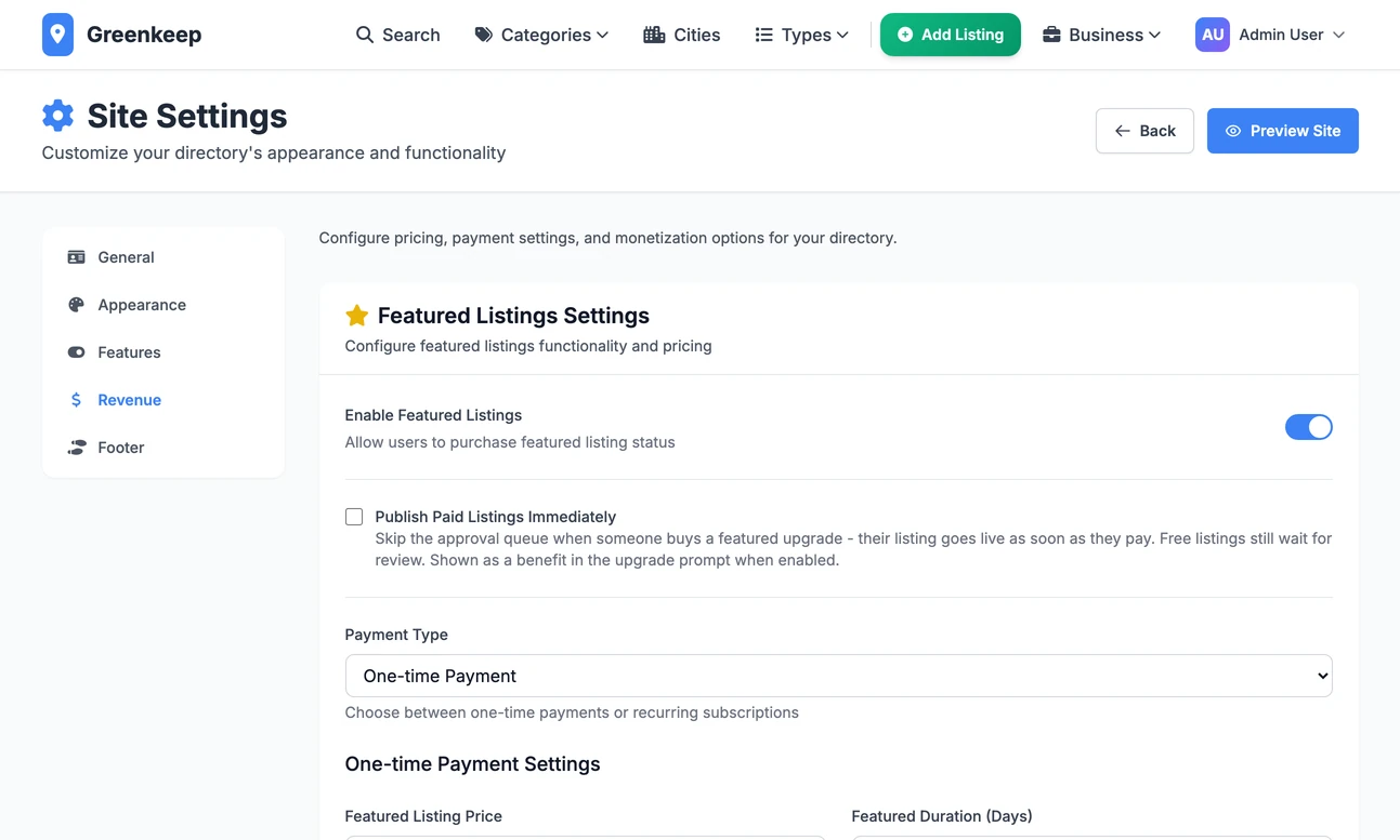 Site Settings on the Revenue tab, where featured listings and leads are switched on and priced