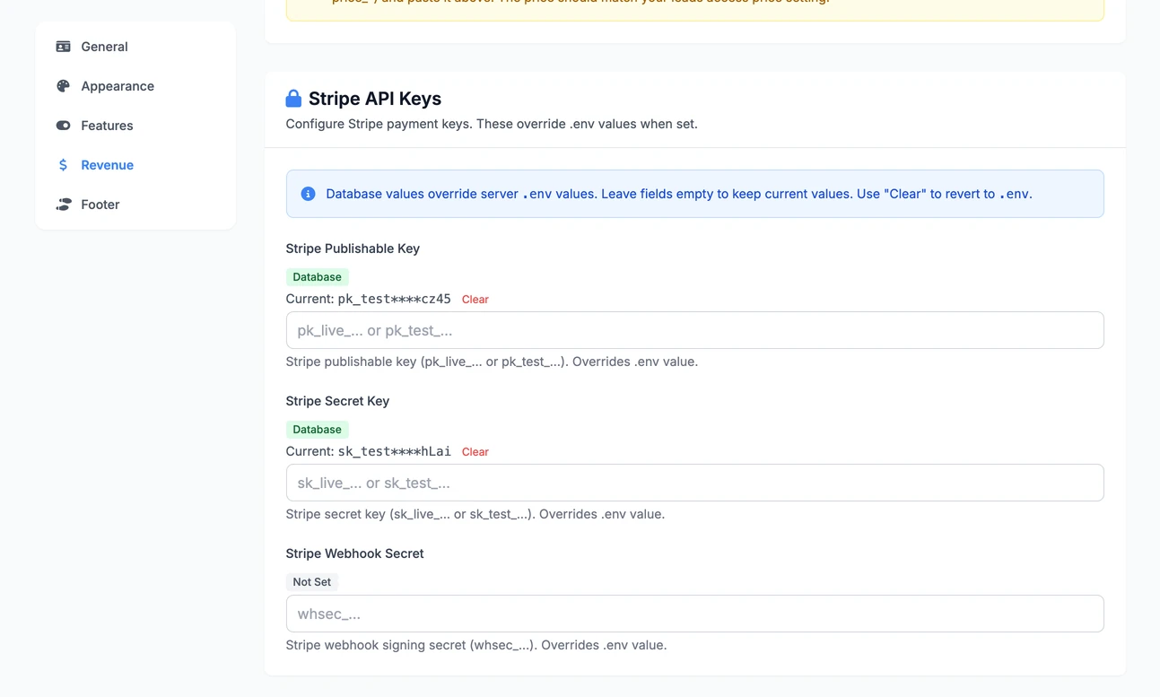 The Stripe API Keys section after saving: the publishable key and the secret key each carry a green Database badge and a Current line showing the first seven and last four characters with a Clear link, and the webhook secret still says Not Set