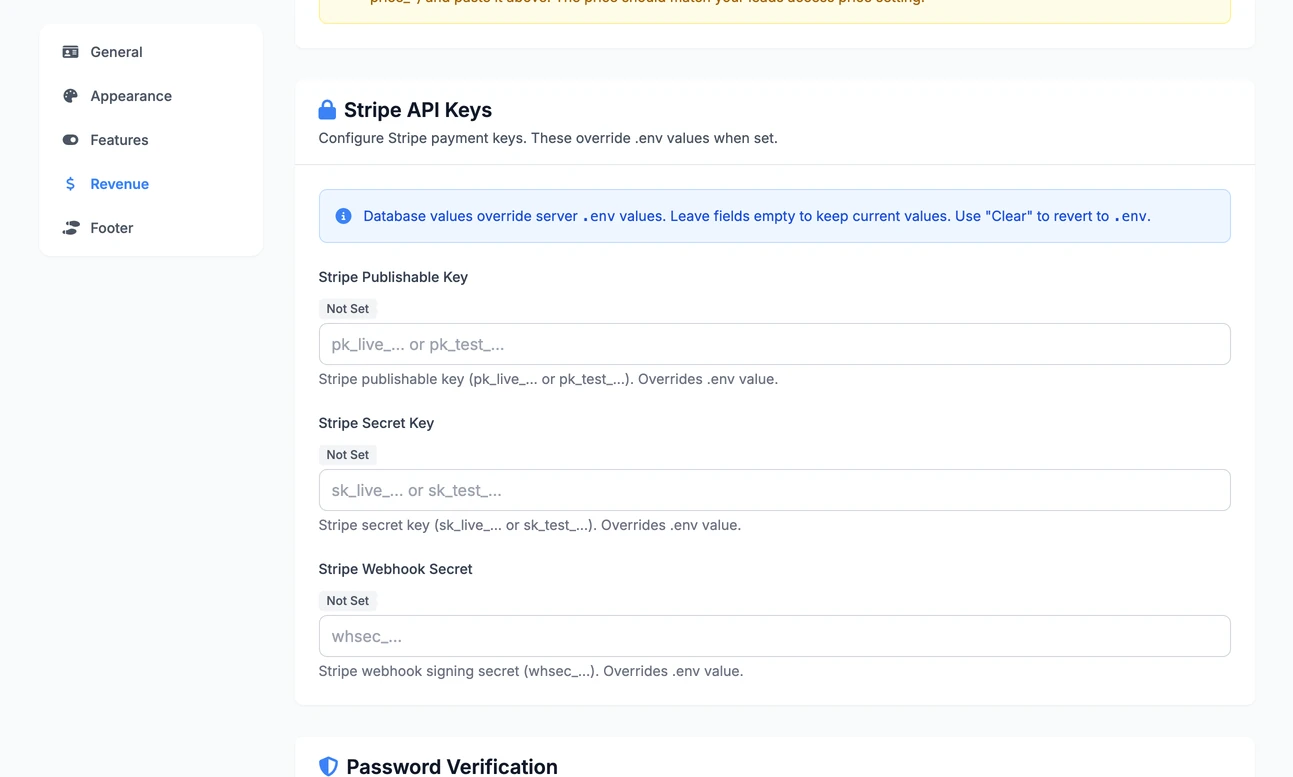 The Stripe API Keys section of the Revenue tab: boxes for the Stripe Publishable Key, Stripe Secret Key and Stripe Webhook Secret, each with a badge saying where its value comes from, and a password box below