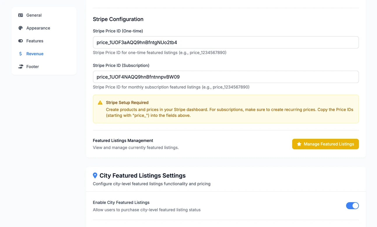 The Stripe Configuration part of the Revenue tab with a price ID pasted into Stripe Price ID (One-time) and another into Stripe Price ID (Subscription), each starting with price_