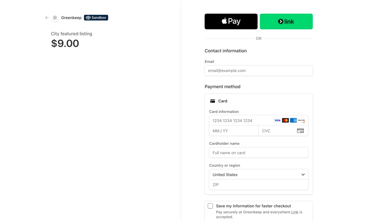 Stripe's payment page for a City featured listing at 9 dollars: the name Greenkeep with a Sandbox label on the left, and on the right Apple Pay and Link buttons above boxes for an email address, card number, expiry, security code, cardholder name, country and ZIP