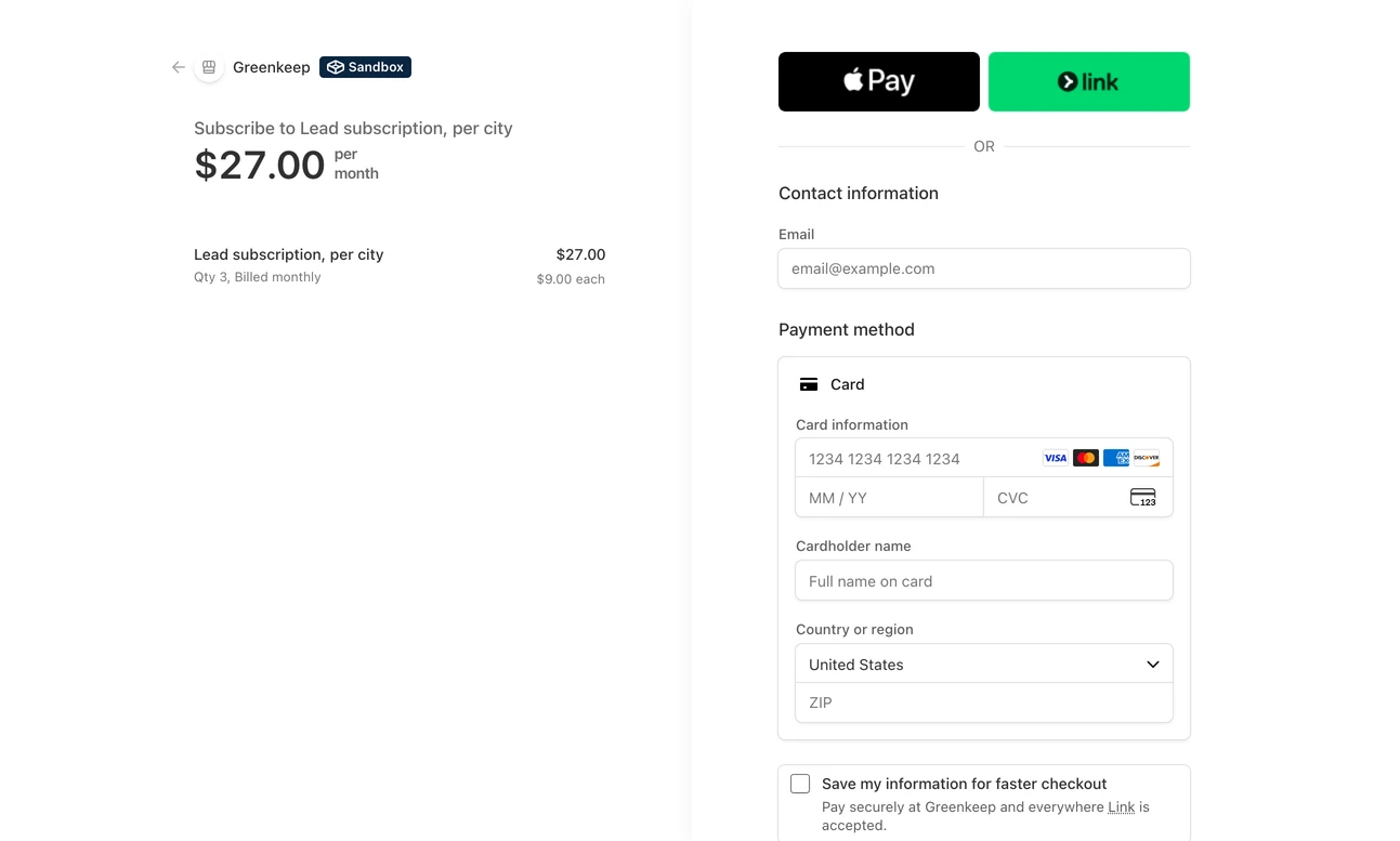 Stripe's payment page for a lead subscription to three cities: Subscribe to Lead subscription, per city, 27 dollars per month, quantity 3 at 9 dollars each, beside the card form