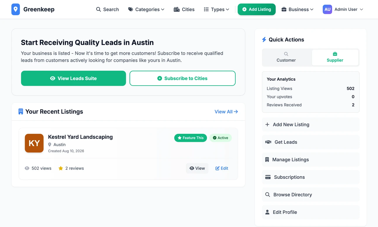 A business owner dashboard: their listings, a leads panel and quick actions for adding a listing, getting leads and managing subscriptions