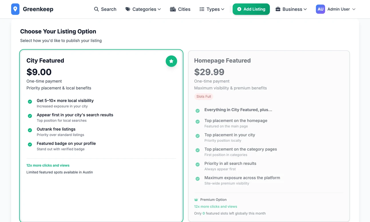 The Feature Your Listing page a business owner sees: a City Featured card at 9 dollars, selected, beside a greyed-out Homepage Featured card at 29.99 marked Slots Full, a 100% Satisfaction Guarantee line, and a green button reading Publish City Featured Listing