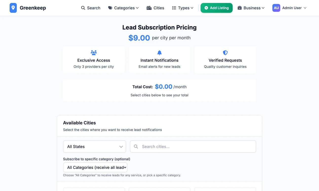 The page where a business owner chooses the cities to receive quote requests from: the price per city and a card for each city showing the places left