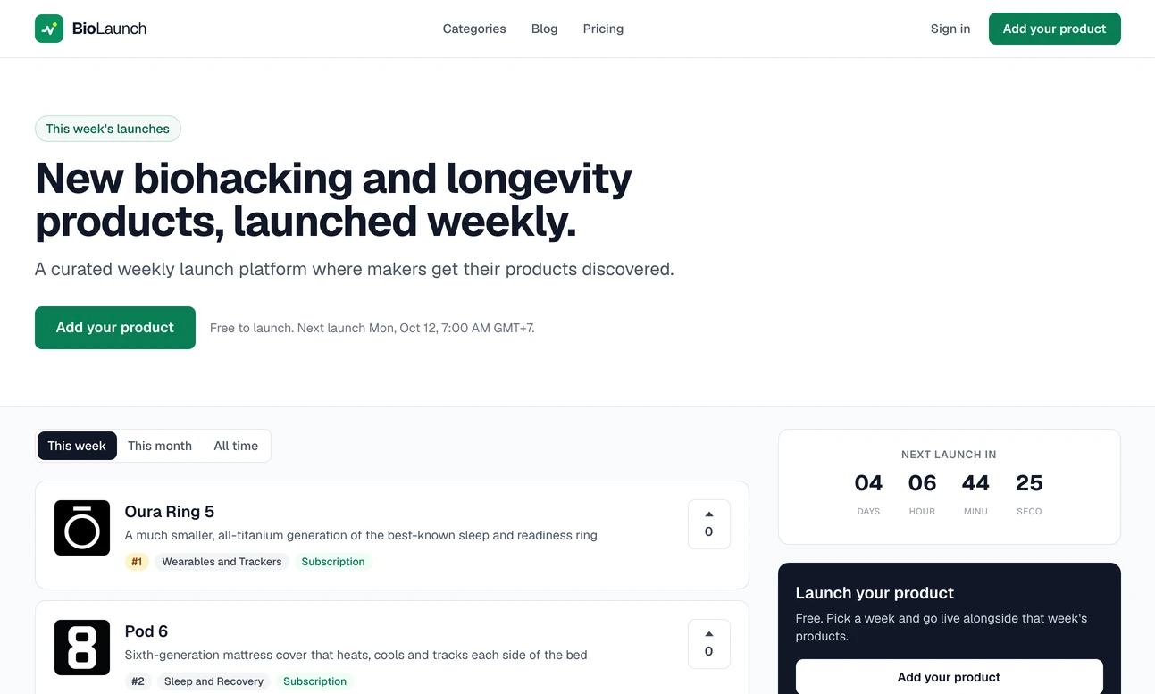 The home page of biolaunch.io