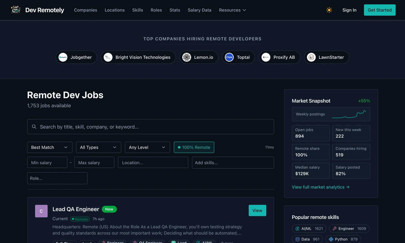 The home page of devremotely.com