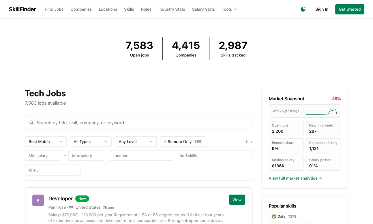 The home page of skillfinder.io